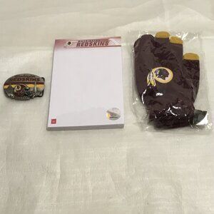 Washington Redskins football collection of items - belt buckle, notepad & gloves